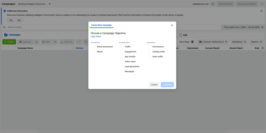 campaign objective facebook ads, добавяне на цел на кампания във фейсбук | Webselo.com™ – Уебсайтове, онлайн магазини и дигитален маркетинг избор на цел на кампания във facebook ads, facebook ads manager