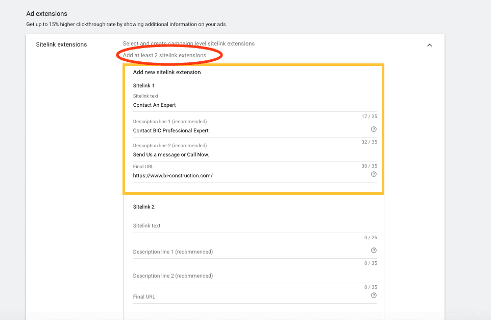 site extenstions google ads, разширения в гугъл адс | Webselo.com™ – Уебсайтове, онлайн магазини и дигитален маркетинг условие за създаване на разширение към рекламно каре