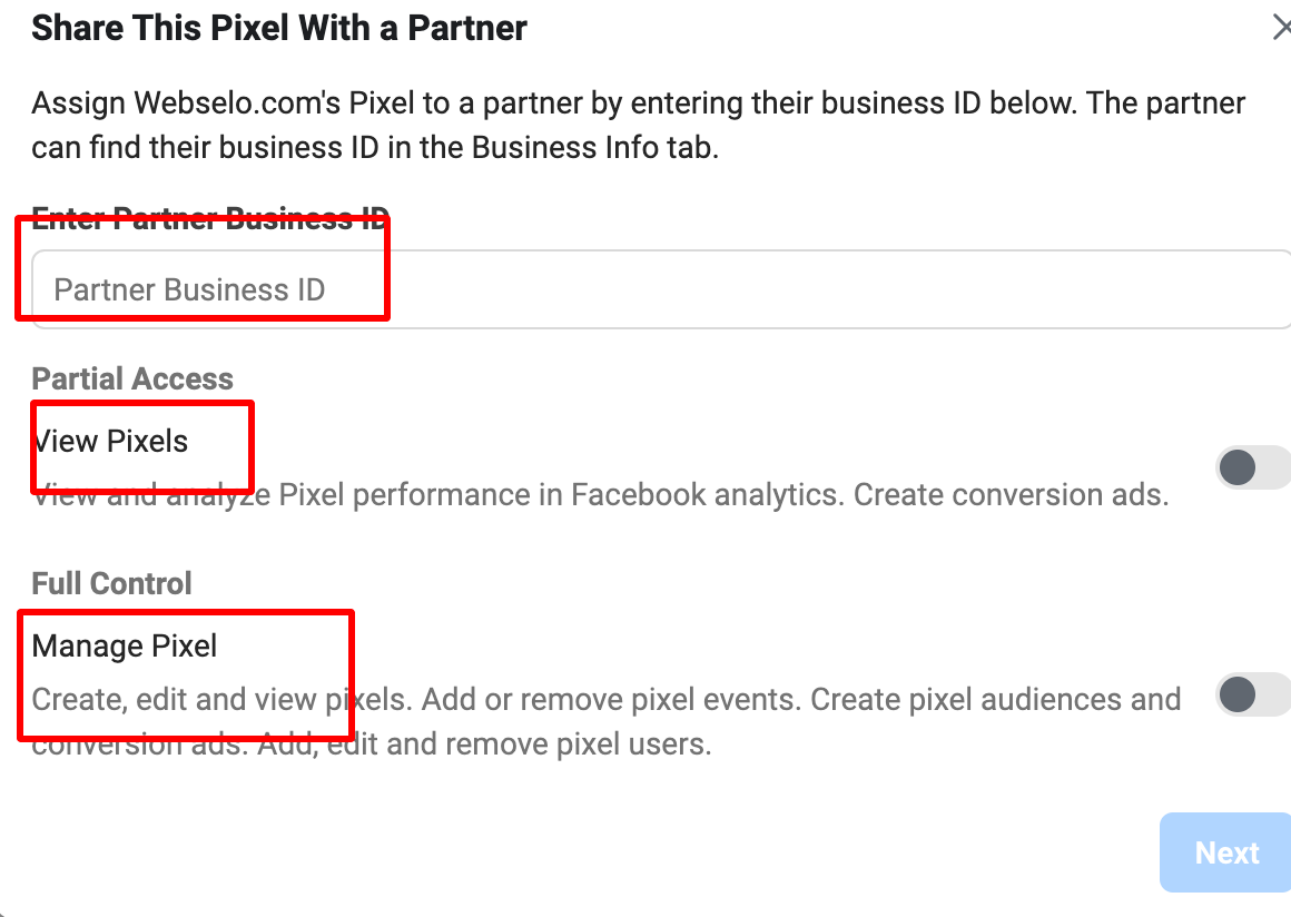 share pixel with a partner | Webselo.com™ – Уебсайтове, онлайн магазини и дигитален маркетинг споделяне на достъп до пиксел с партньори