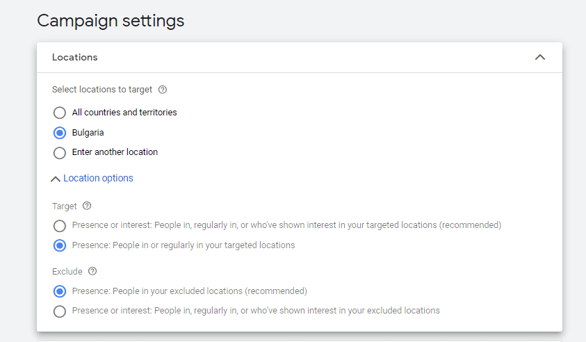 Настройки на локация на кампания в гугъл адс | Webselo.com™ – Уебсайтове, онлайн магазини и дигитален маркетинг Избор на локация, която ще таргетирате чрез реклама в гугъл адс