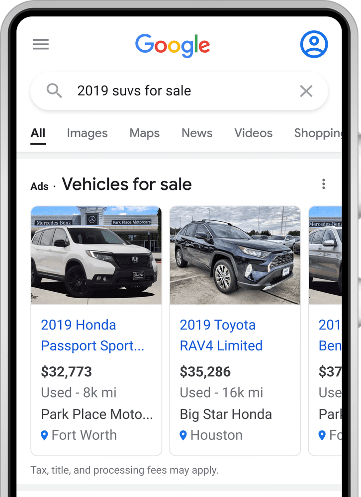 Vehicle Listing Ads | Webselo.com™ – Уебсайтове, онлайн магазини и дигитален маркетинг Пример за Vehicle Listing Ad в Search