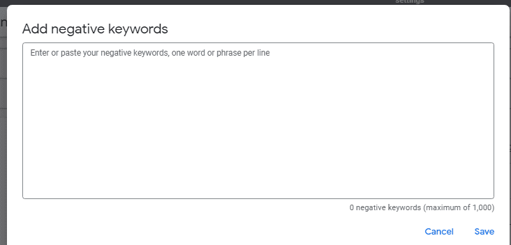Добяване на негативни кл. думи | Webselo.com™ – Уебсайтове, онлайн магазини и дигитален маркетинг Поле за добавяне на негативни ключови думи на ниво акаунт в google ads