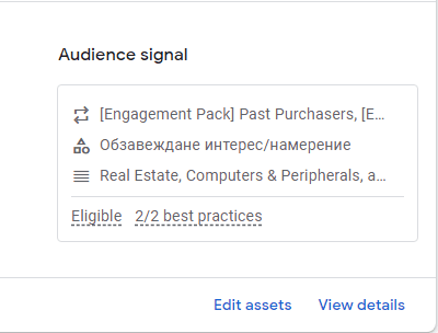 Audience signals в Performance Max | Webselo.com™ – Уебсайтове, онлайн магазини и дигитален маркетинг Пример за audience signal в Performance Max кампания