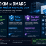 Инфографика за SPF, DKIM и DMARC за сигурна електронна поща с икони на сървър и щитова емблема на батерийни линии.