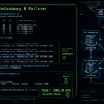 Neon terminal window showing DNS diagnostics and zone checks beside a network diagram of an authoritative DNS cluster with failover.