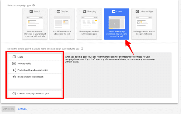 избор на тип кампания в google ads