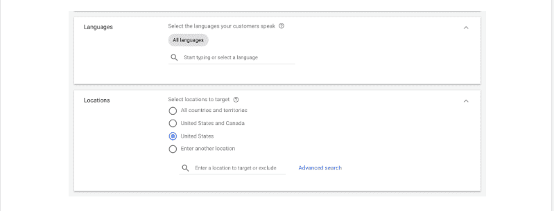 език и локация в google ads