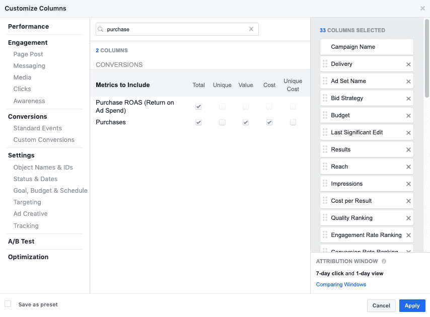 purchase value персонализиран отчет във фейсбук