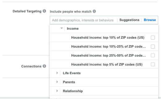 таргетиране по household income във фейсбук