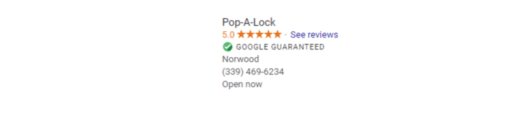 Local Service Ads на бизнес, който е спечелил баджа Goggle guaranteed, в която е показана името на бранда, телефонен номер, регион, в който оперира и ревюта от клиенти