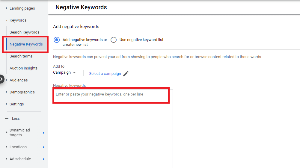 Прозореца за негативни ключови думи в Google Ads.