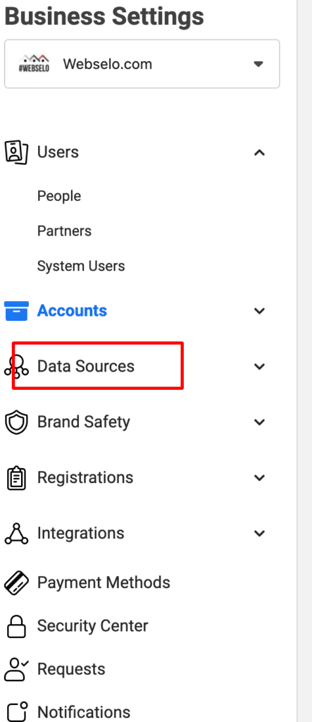 facebook manager - business settings - data sources