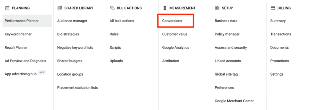 Google Ads Measurement Conversions Menu