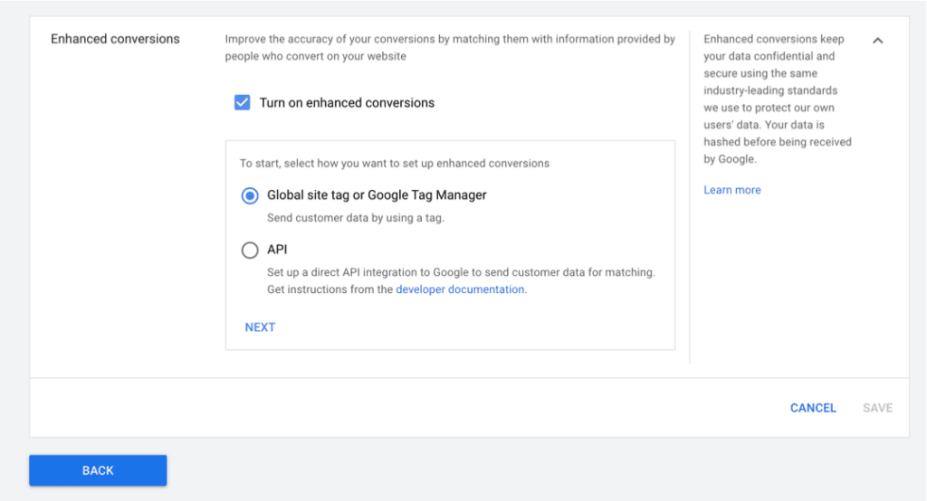 Google Ads Turn On Enhanced Conversions Global Site Tag Or Google Tag Manager