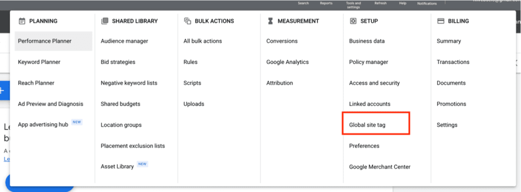 Google Ads Interface Global Site Tag