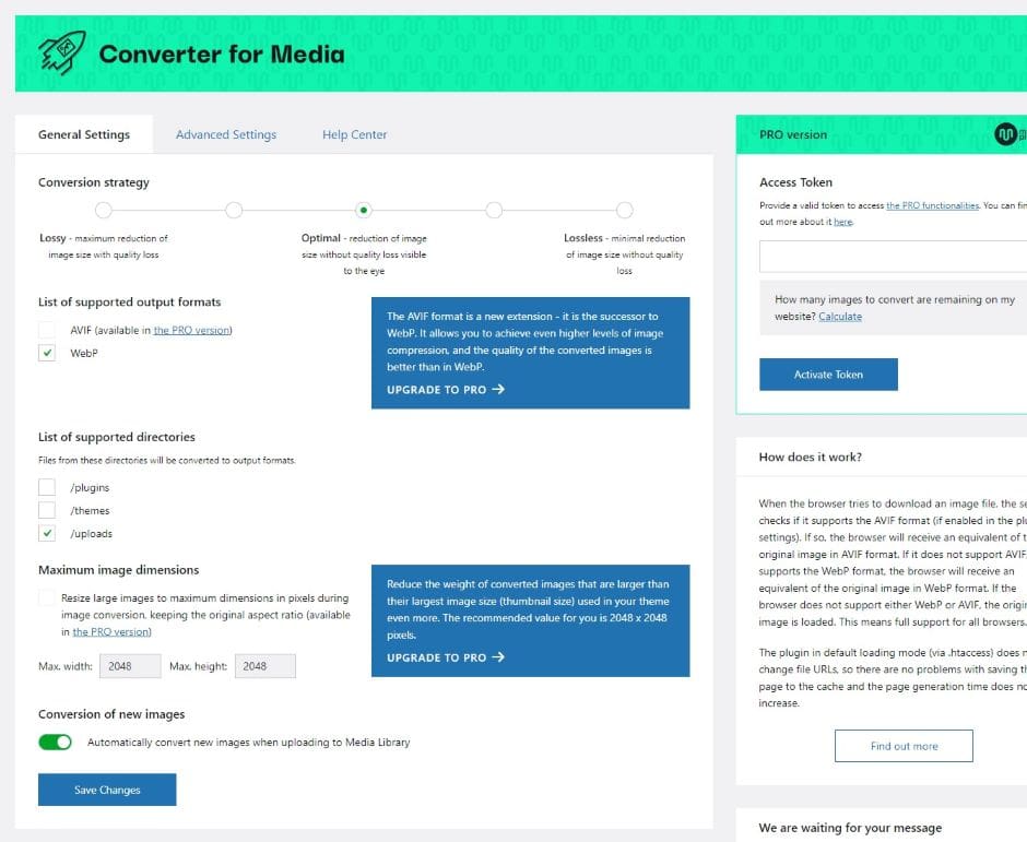 Интерфейс на WebP Converter for Media плъгин за webp файлове