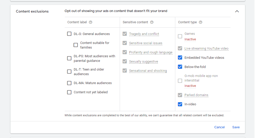 Настройка "Content exclusions" при създаване на кампания в Google Ads