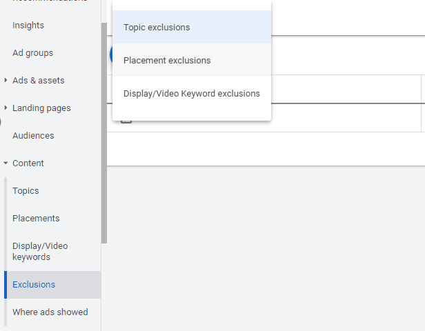 Таб "Exclusions" и опция "Placement exclusions" в гугъл адс