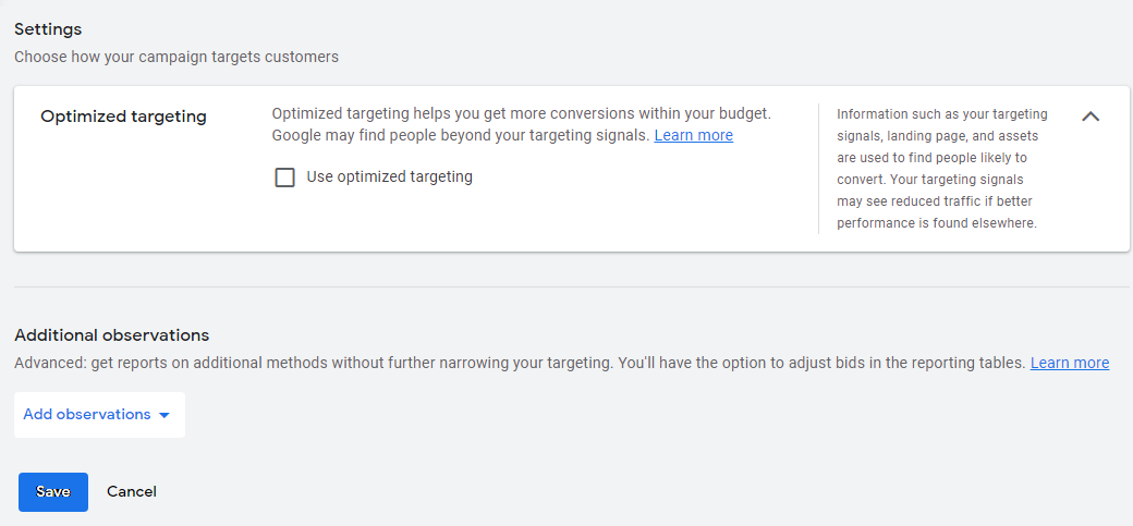 Включване/изключване на Optimized targeting