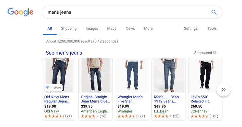 Shopping ad на men jeans в Search